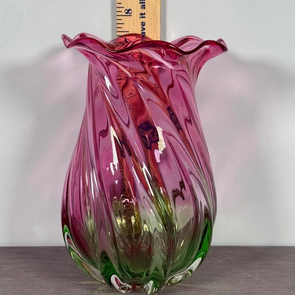 Teleflora Gift Art Glass Vase Swirl Ruffled Pink Green 8 Inch China